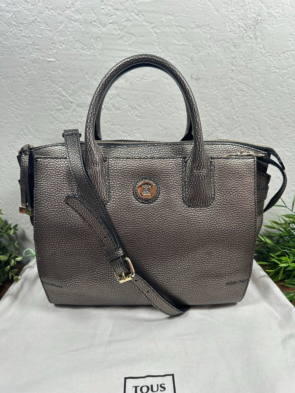 TOUS Metallic Bronze Pebbled Leather Satchel Bag